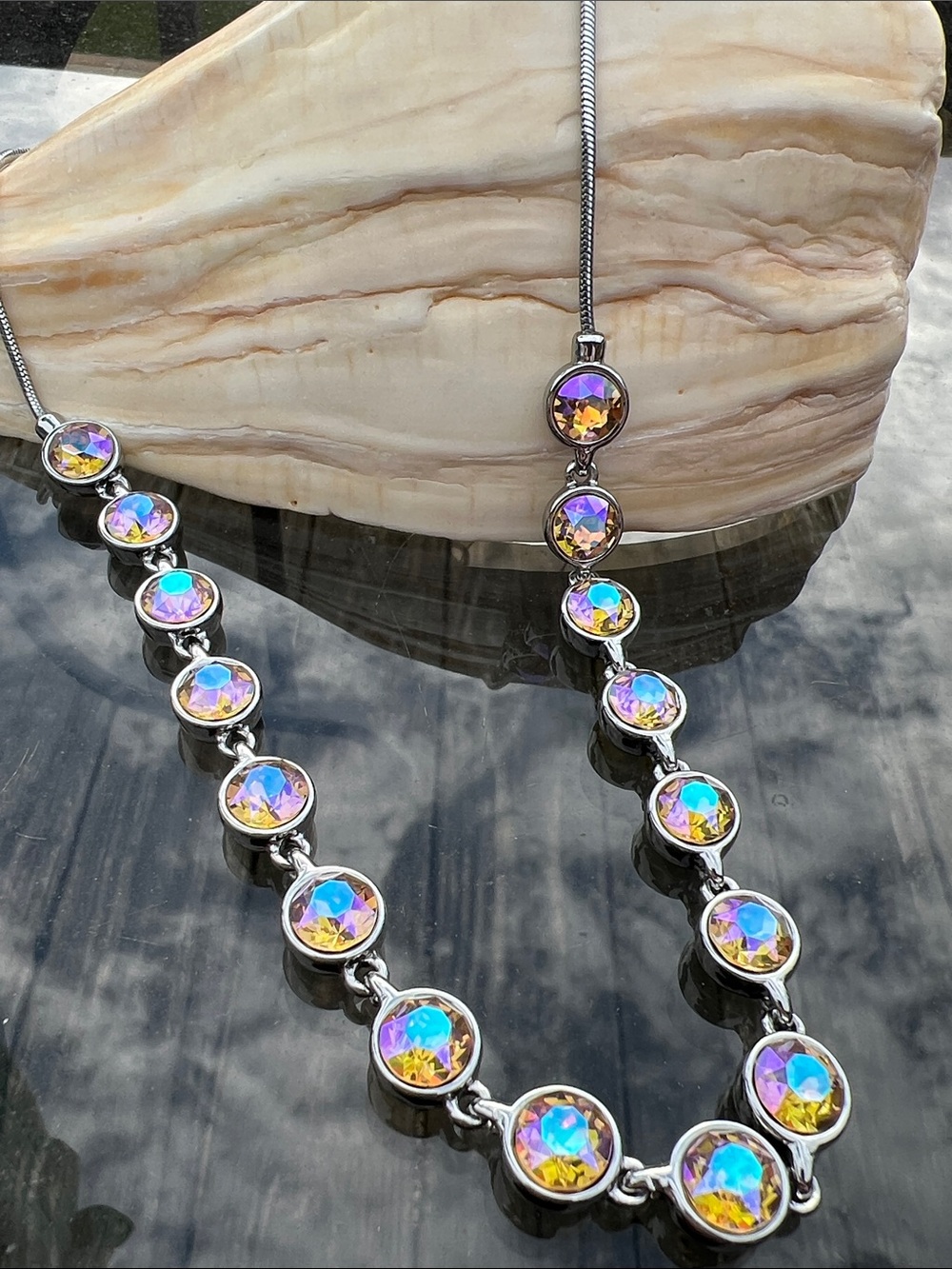 Chico's Iridescent Multi-Color Crystal Silver Necklace
